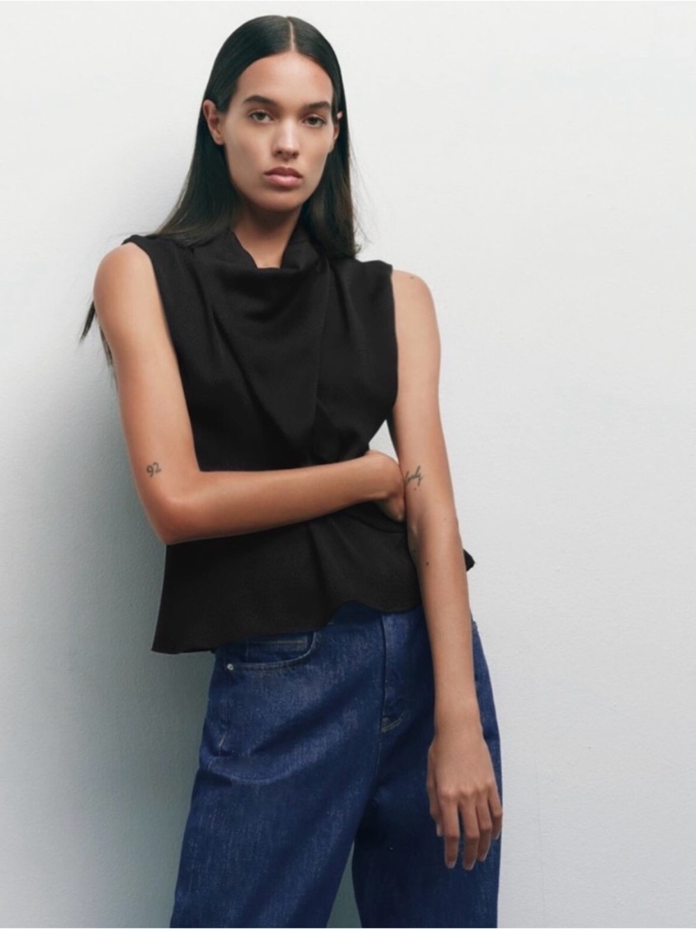 NWT Zara Black Draped Knotted Front Cowl Neck Blouse - Size S